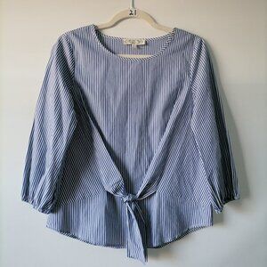 Pink Rose Womens Blue Crew Neck Puff Sleeve Front Tie Striped Blouse Top Size S